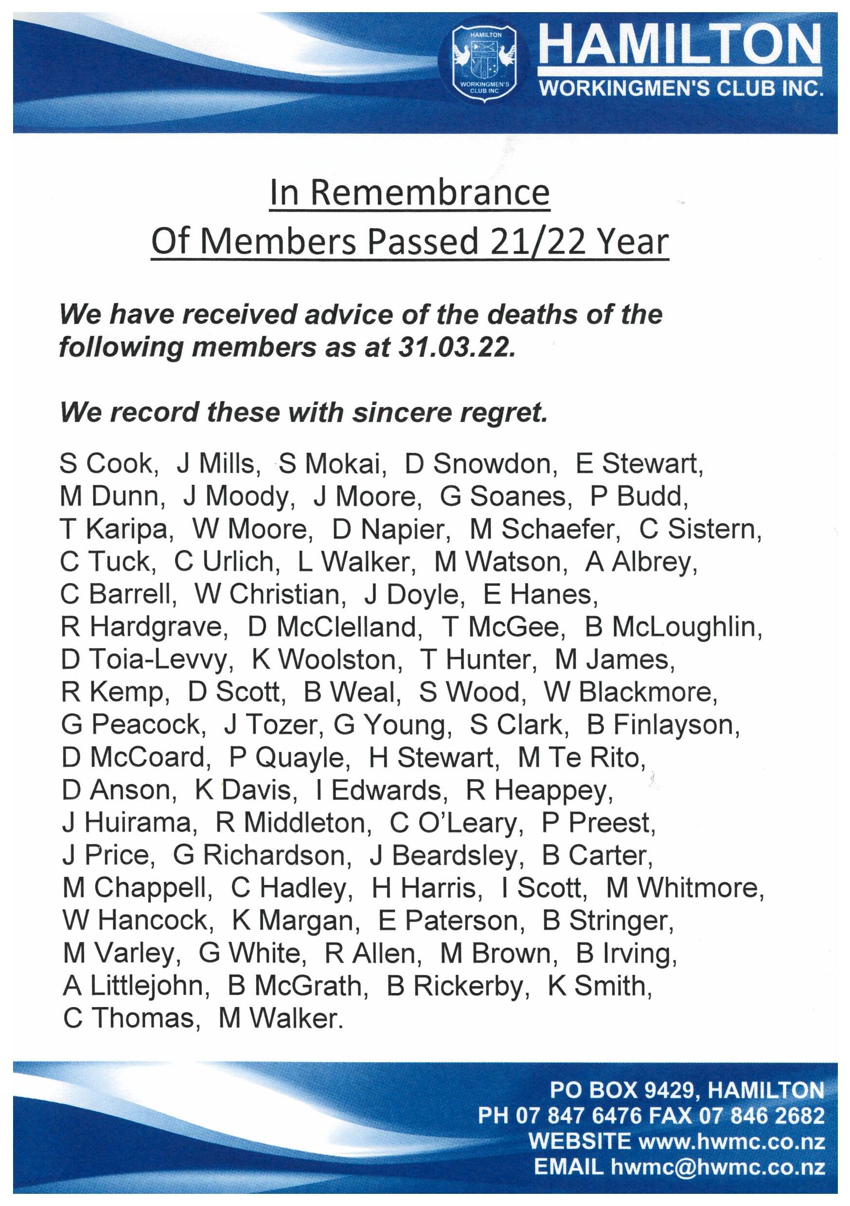 In Remembrance of Members Passed 21 - 22 Year